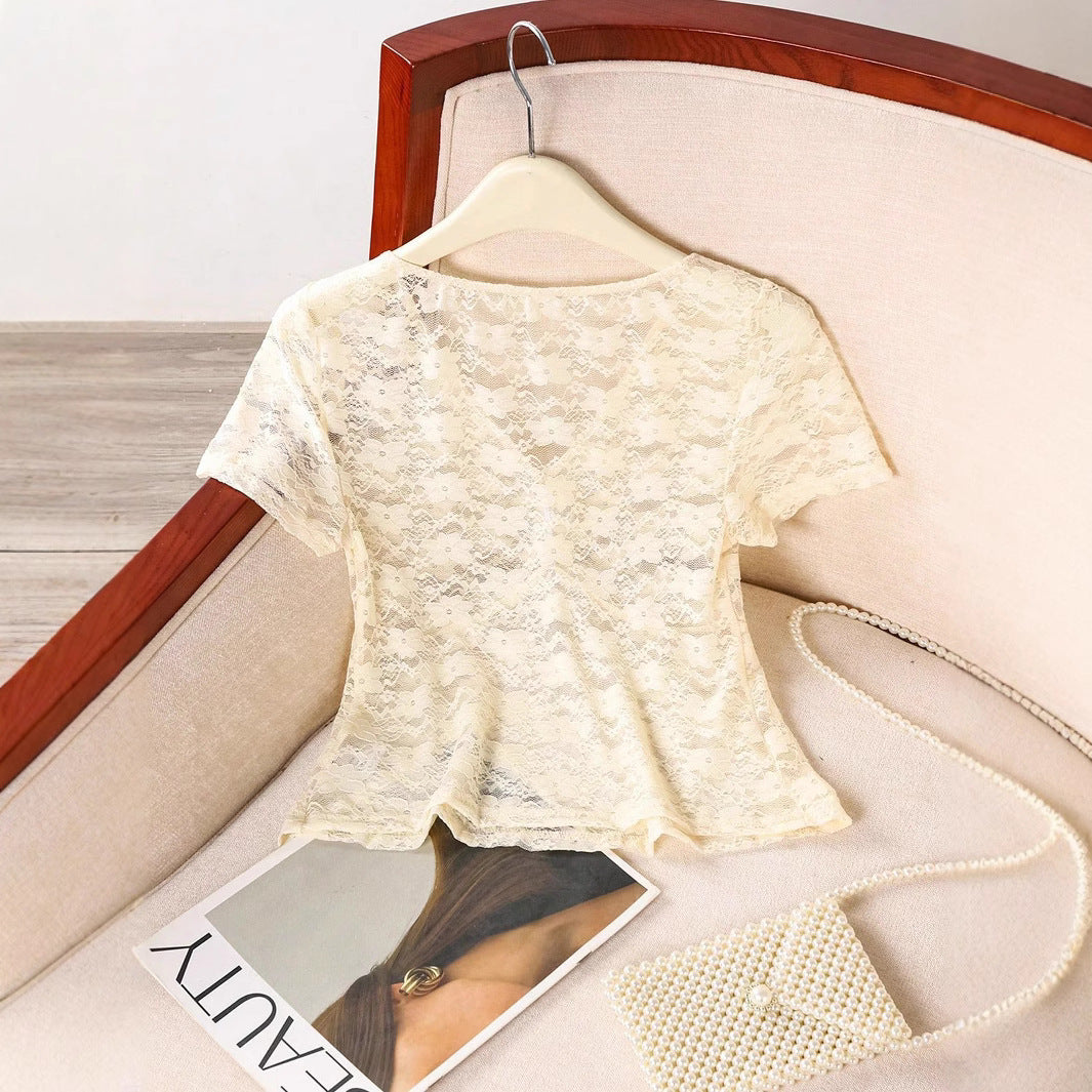 Damen Spitze Oberteil mit V-Ausschnitt und gerafftem Design R&B
