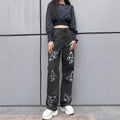 Damen weite High-Waist Jeans mit floralen Druckmotiven