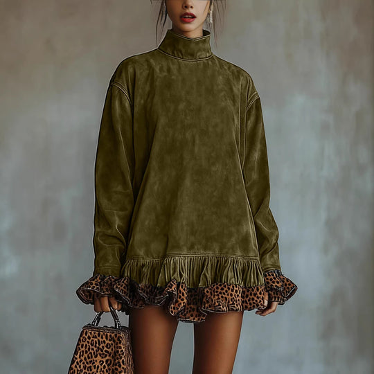 Damen Oversized Sweatkleid mit Leopardenrüsche R&B