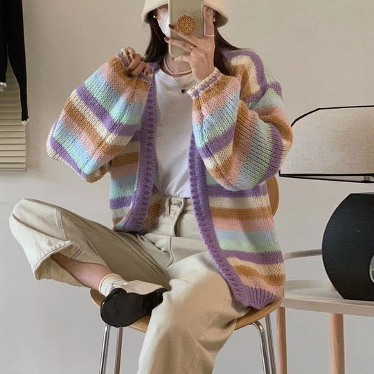 Damen Gemusterter Strickcardigan mit luftigen Ärmeln und sanften Farbverläufen R&B