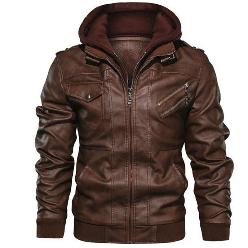 Herren Bikerjacke im Vintage-Look mit abnehmbarer Kapuze und vielseitigen Taschen R&B