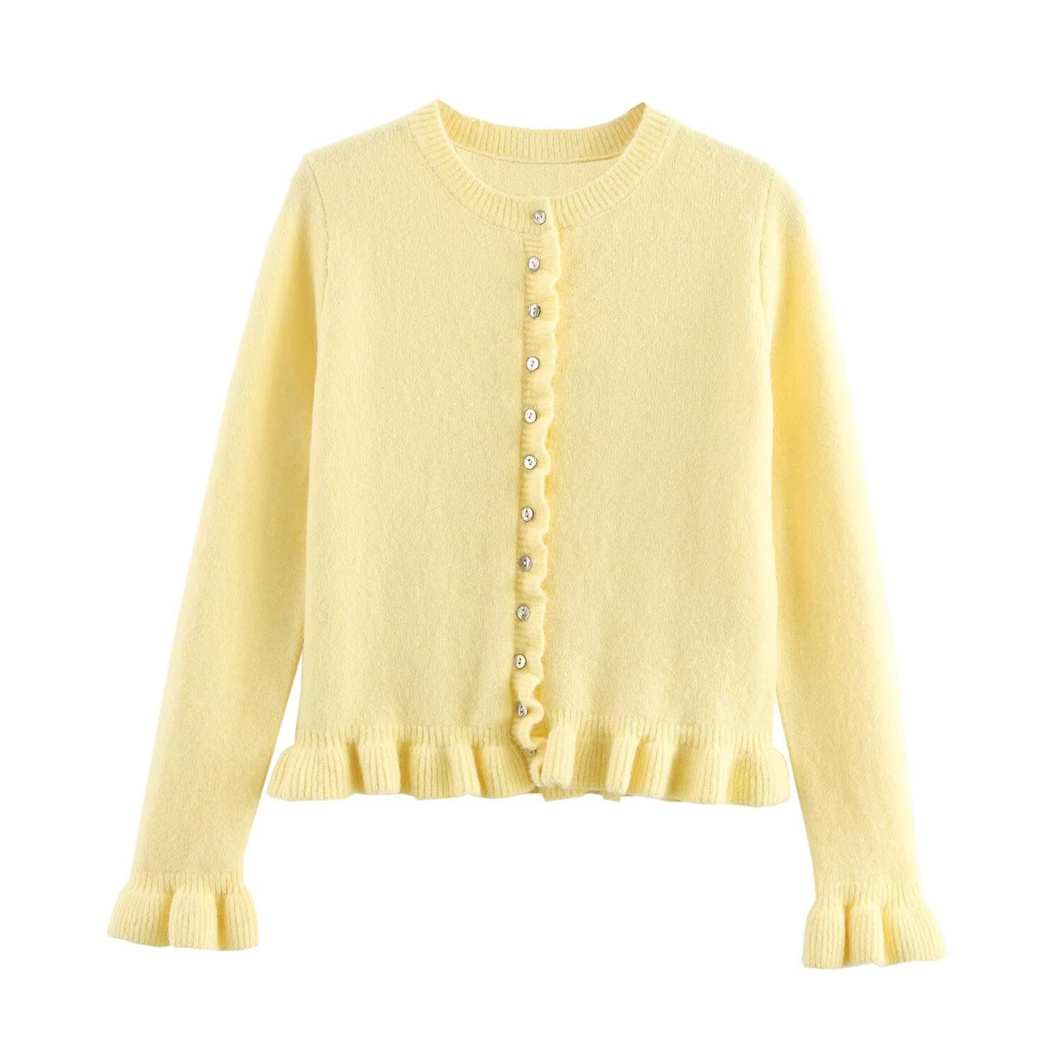 Damen Strickjacke mit dekorativem Rüschensaum und Knopfverschluss R&B