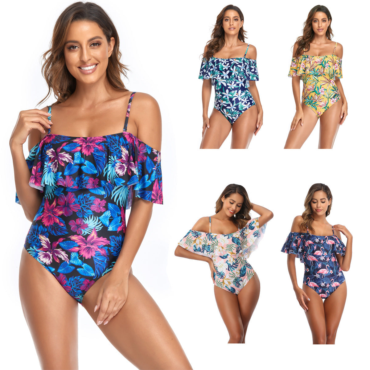 Damen Einteiliger Badeanzug mit Rüschendetails und floralem Muster R&B