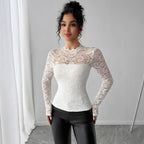 Damen Spitzenshirt mit elegantem hohem Kragen und langem Arm R&B