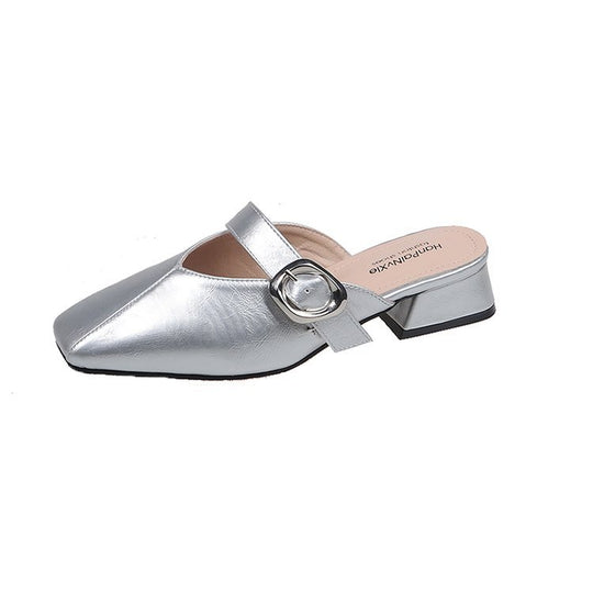 Damen elegante Mules mit quadratischer Zehenpartie und modischen Schnallenakzenten R&B