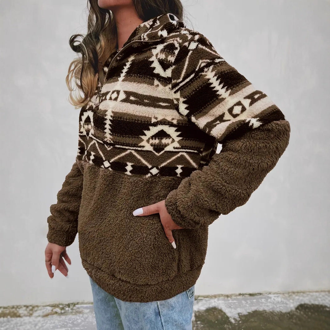 Damen Fleece-Pullover mit modernem Aztekenmuster und Stehkragen R&B
