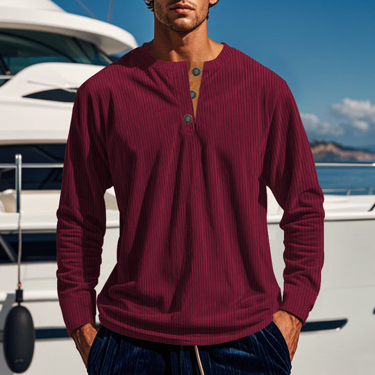Herren nan gerippter Langarm-Henleypullover mit kurzem Stehkragen und dekorativer Knopfleiste R&B