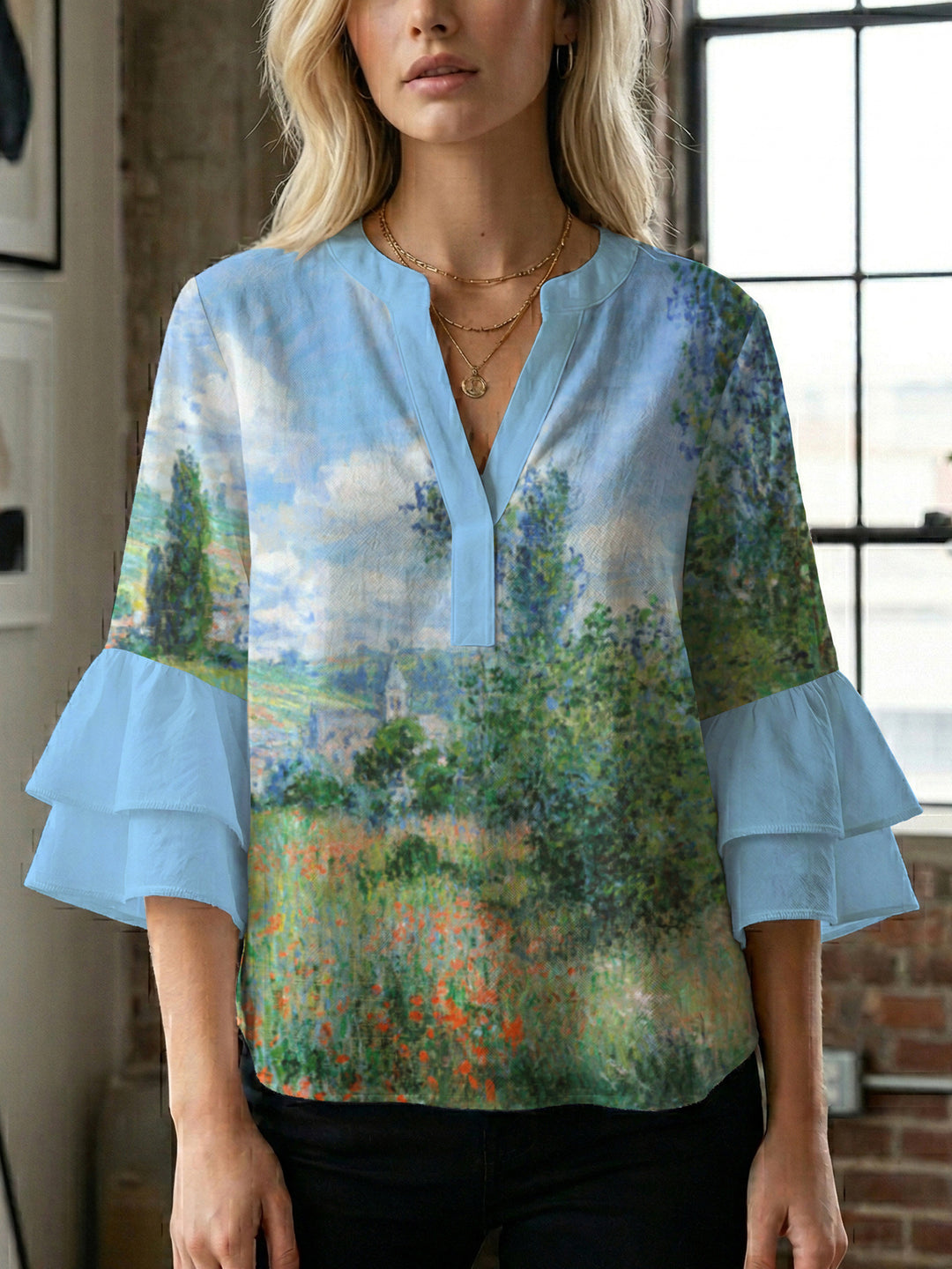 Damen lässige Bluse mit Volantärmeln und botanischem Druck R&B
