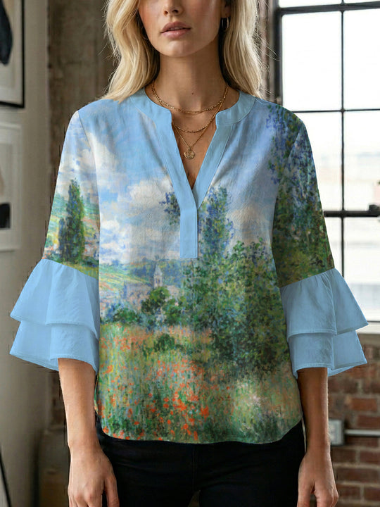 Damen lässige Bluse mit Volantärmeln und botanischem Druck R&B