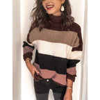 Damen modischer Strickpullover mit lässigem Rollkragen und farbiger Blockgestaltung R&B