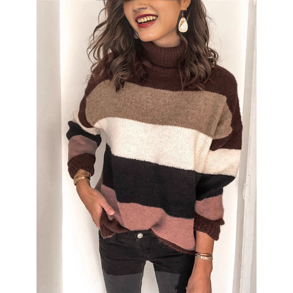 Damen modischer Strickpullover mit lässigem Rollkragen und farbiger Blockgestaltung R&B