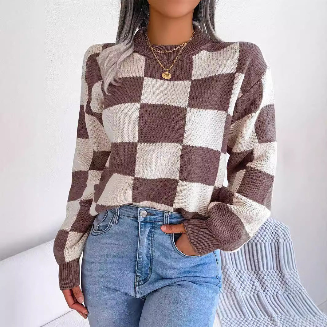 Damen modischer Pullover mit Karomuster und weitem Schnitt R&B