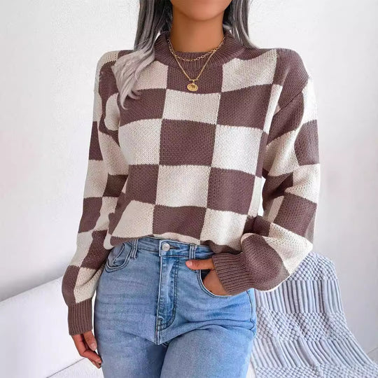 Damen modischer Pullover mit Karomuster und weitem Schnitt R&B