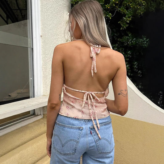 Damen Haltertop mit floralem Muster und Rüschendetails R&B