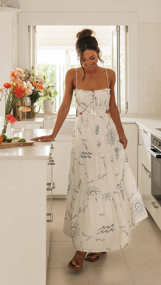 Damen Maxikleid mit verspieltem Cut-Out-Design und dekorativem Kordelzug R&B
