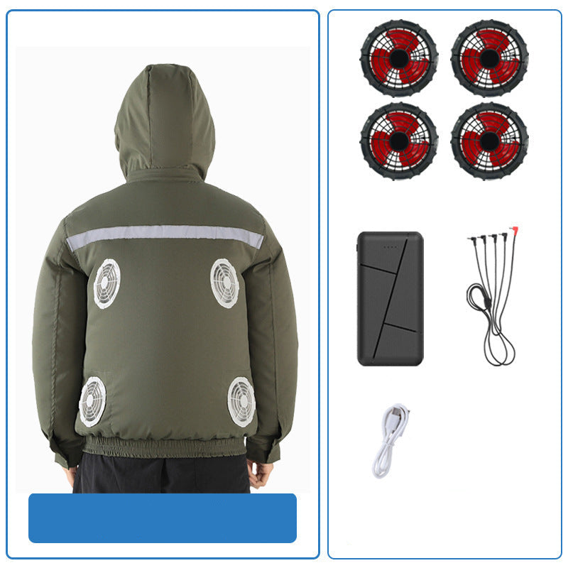 Unisex nan ventilated jacket for work and outdoor with integrated USB fans, battery compartment and hood R&B
