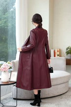 Damen Eleganter Langmantel aus Kunstleder mit tailliertem Schnitt und Knopfverschluss R&B