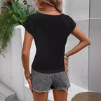 Damen V-Ausschnitt T-Shirt mit Blumenapplikation und asymmetrischem Schnitt R&B