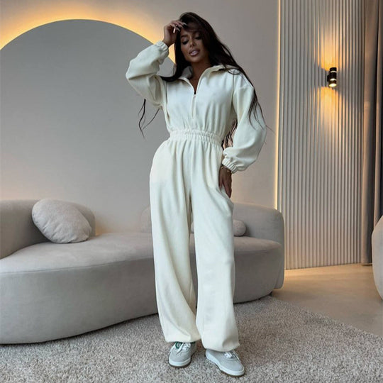 Damen eleganter Jumpsuit mit kurzem Reißverschluss und elastischem Bund R&B