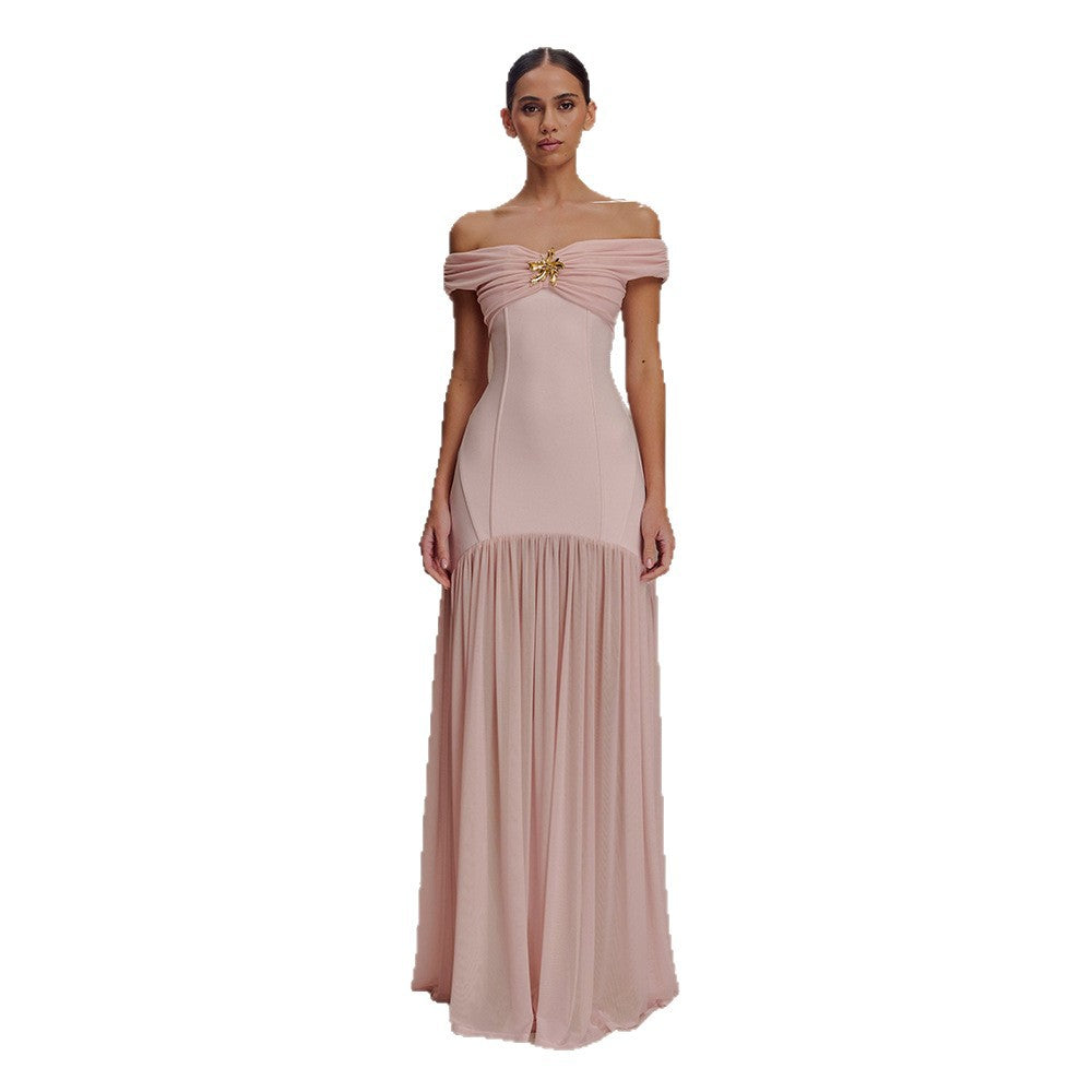 Damen Elegantes Maxikleid mit schulterfreiem Design und verführerischem Drapierungselement R&B