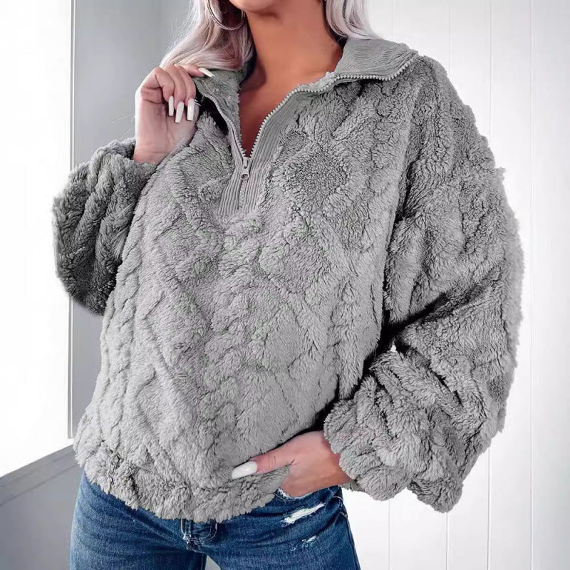 Damen Kuscheliger Fleece-Pullover mit hohem Kragen und Halb-Reißverschluss R&B