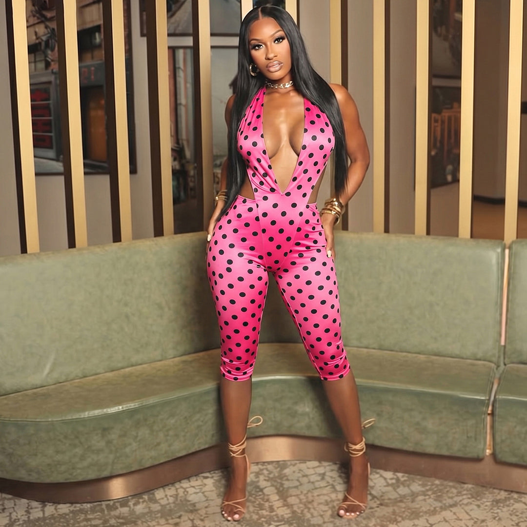 Damen figurbetonter Jumpsuit mit tiefem V-Ausschnitt und Bindegürtel R&B