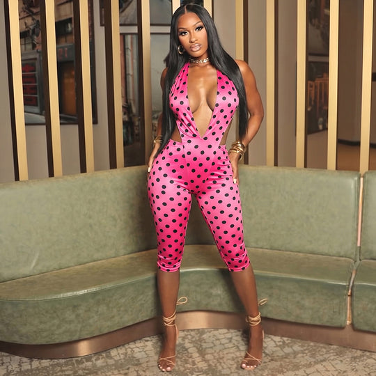 Damen figurbetonter Jumpsuit mit tiefem V-Ausschnitt und Bindegürtel R&B