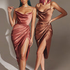 Damen elegantes und figurbetontes Satin-Cocktailkleid R&B