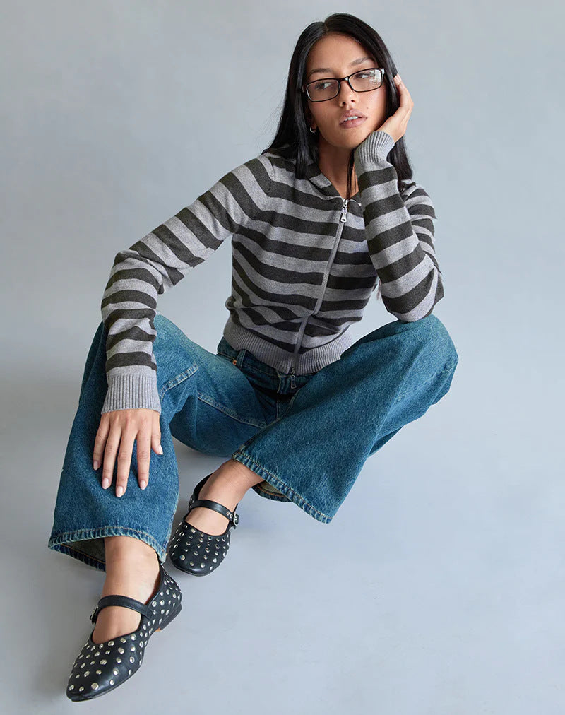 Damen sportliche Strickjacke mit durchgehendem Reißverschluss und Streifenmuster R&B