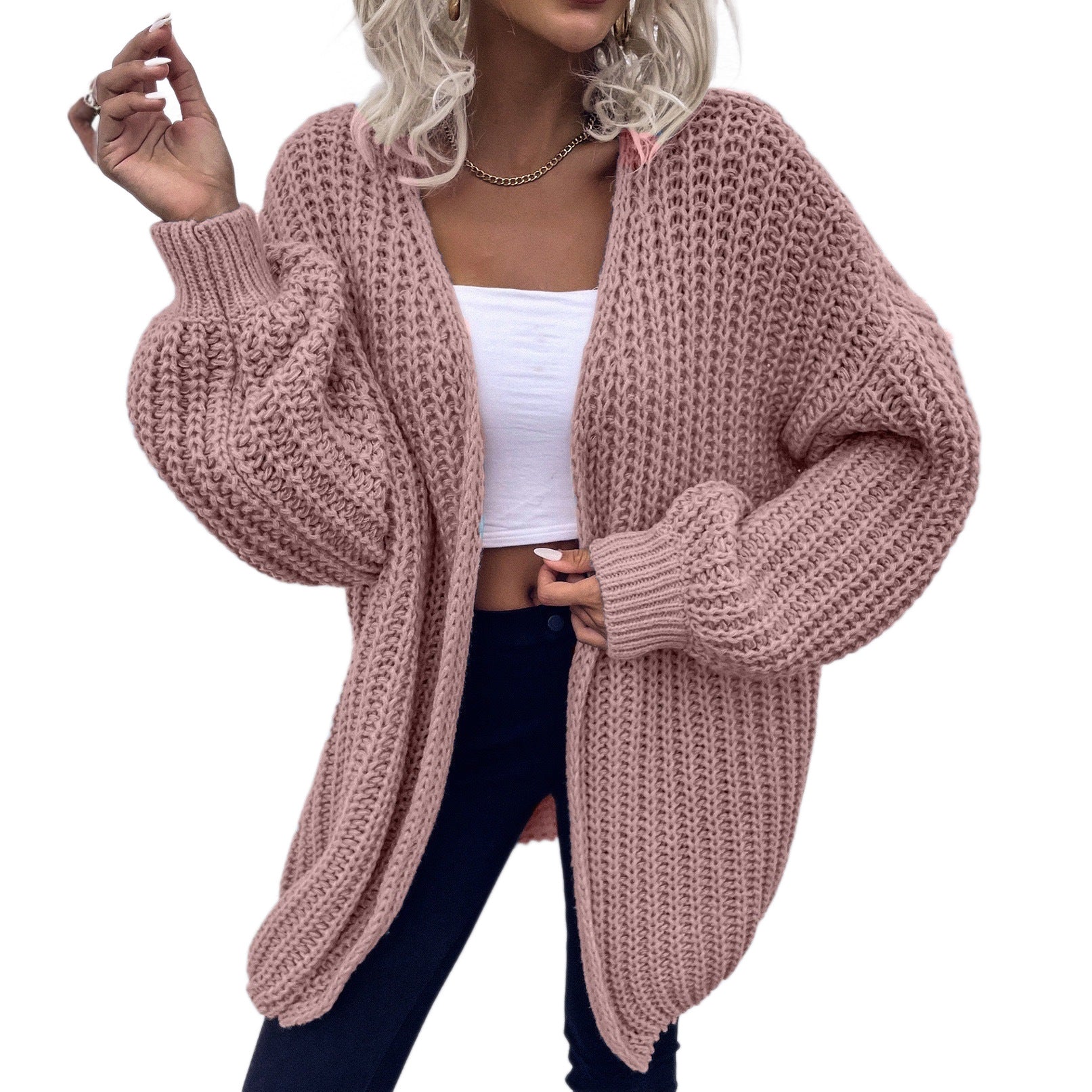 Damen lässiger Grobstrick-Cardigan mit tiefen Taschen und voluminösen Ärmeln R&B