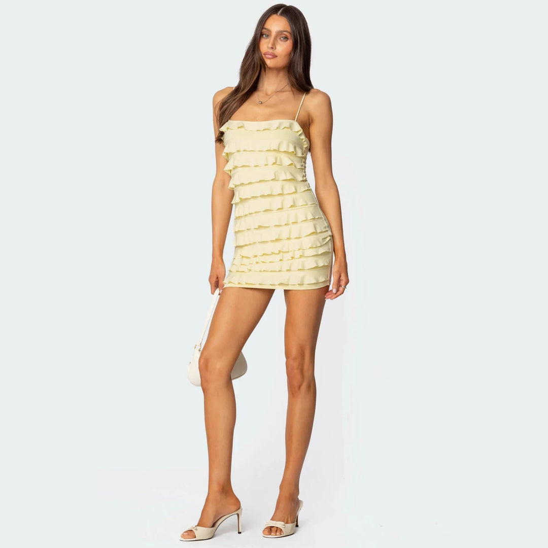 Damen Rüschendes Minikleid mit Spaghettiträgern und figurbetontem Schnitt R&B