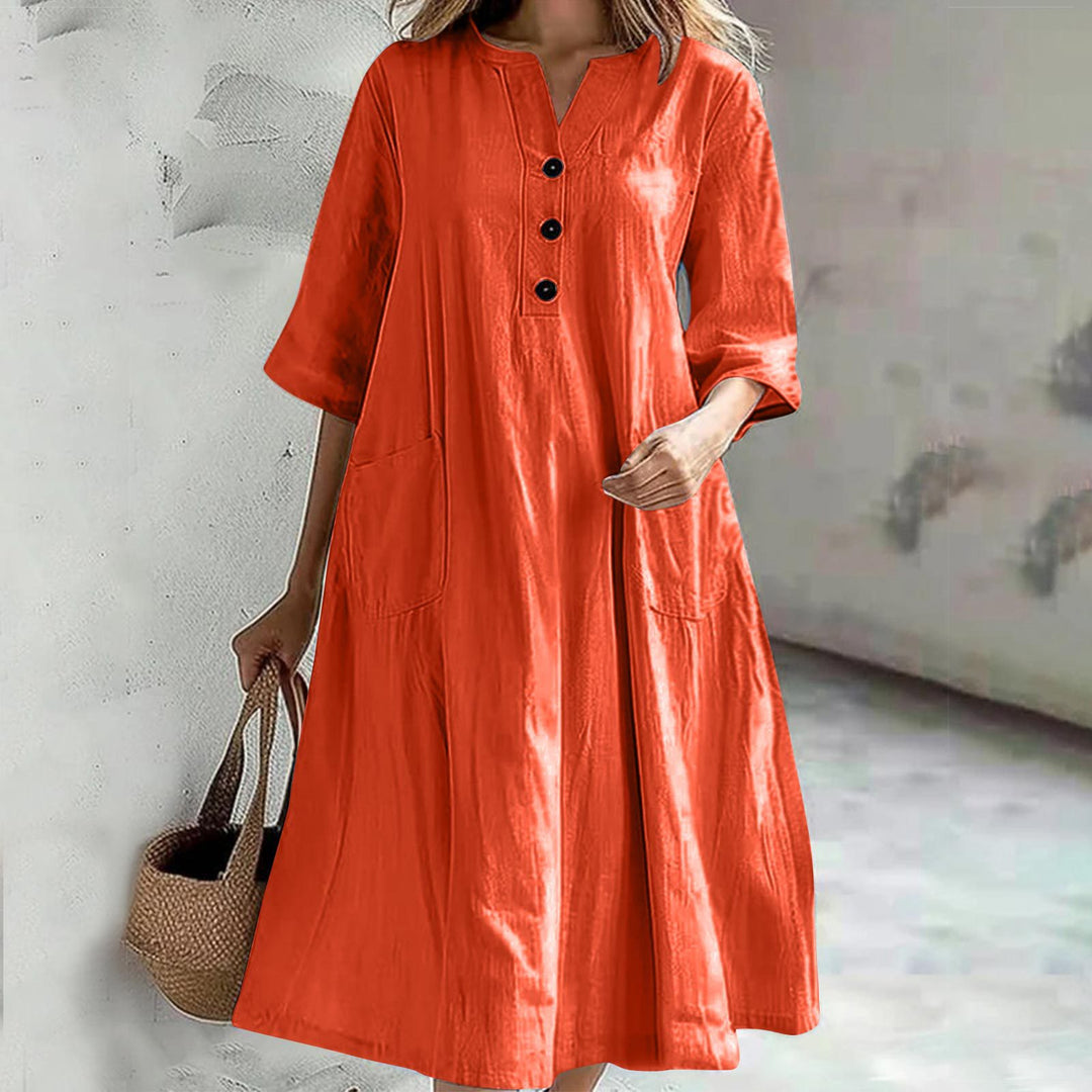 Damen lässiges Leinenkleid mit praktischen Taschen und Knopfdetails R&B