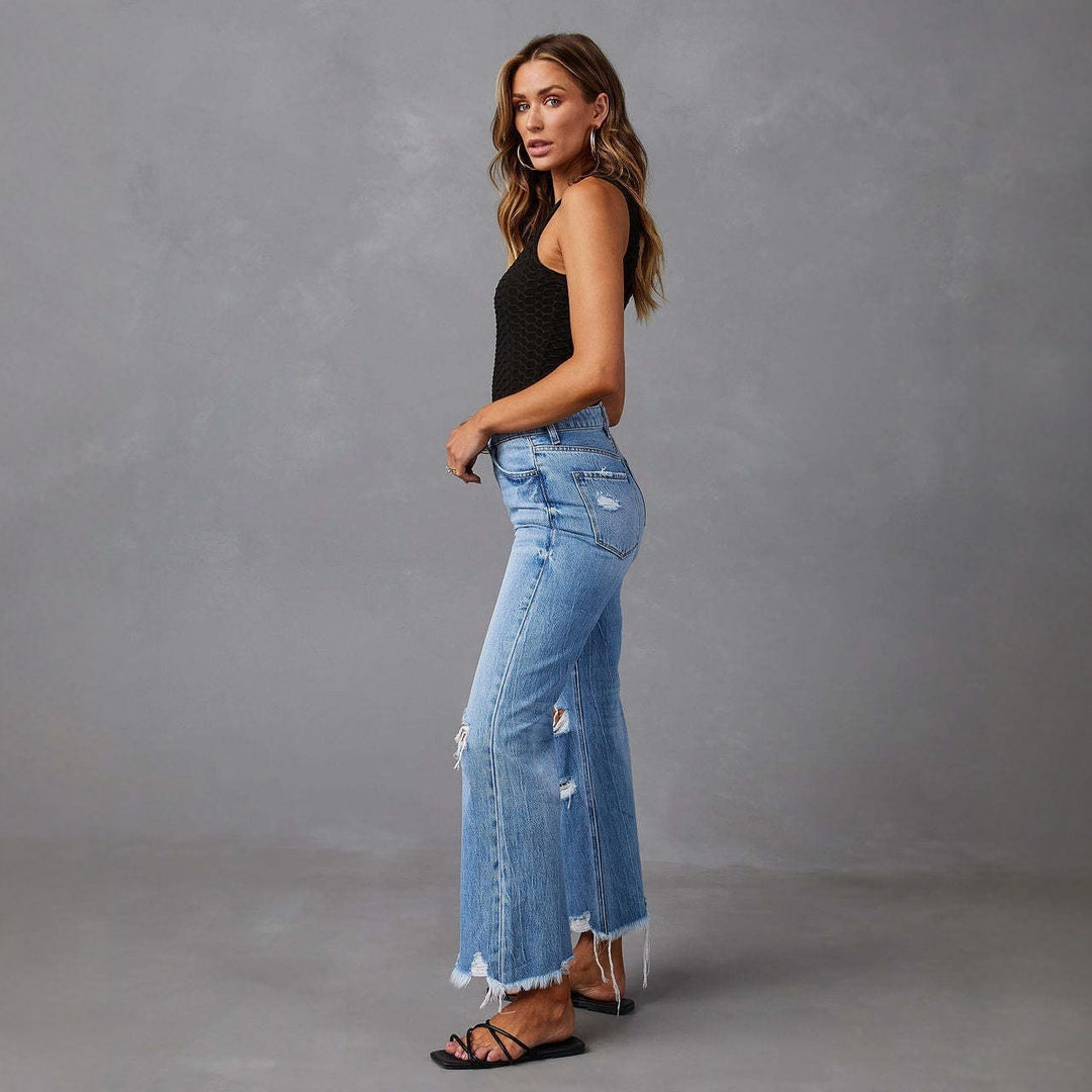 Damen Flared Jeans mit stylischen Rissdetails und ausgefransten Säumen R&B
