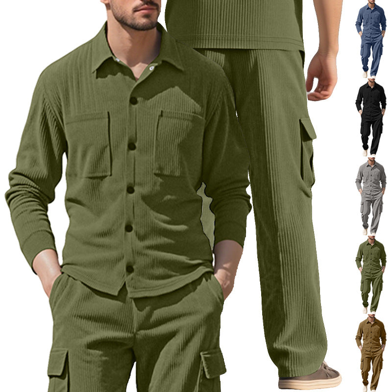 Herren nan geripptes Worker-Hemd mit Brusttaschen und entspannter Cargohose R&B