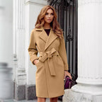 Damen eleganter Trenchcoat mit Taillengürtel und praktischen Taschen R&B