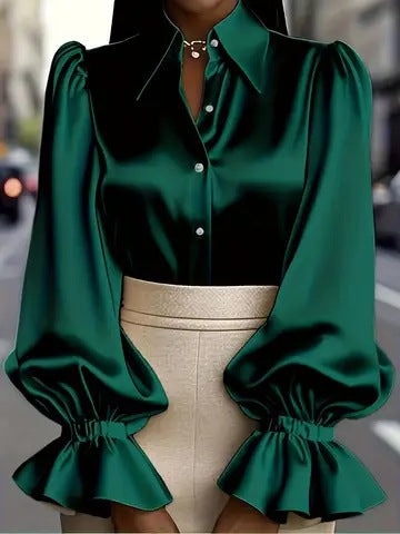Damen elegante Seidenbluse mit Puffärmeln und schicker Knopfleiste R&B