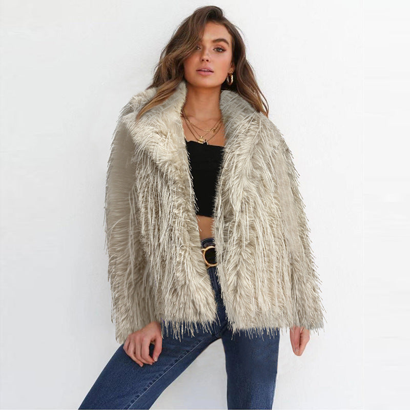 Damen Eleganter Kunstfellblazer mit breitem Kragen R&B