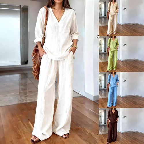 Damen Leichte Sommerhose mit weitem Schnitt und V-Ausschnitt Shirt R&B