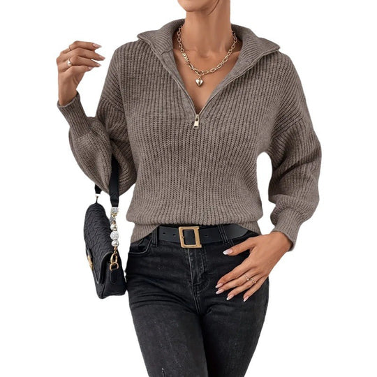 Damen modischer Pullover mit hochgeschlossenem Kragen und Reißverschluss R&B