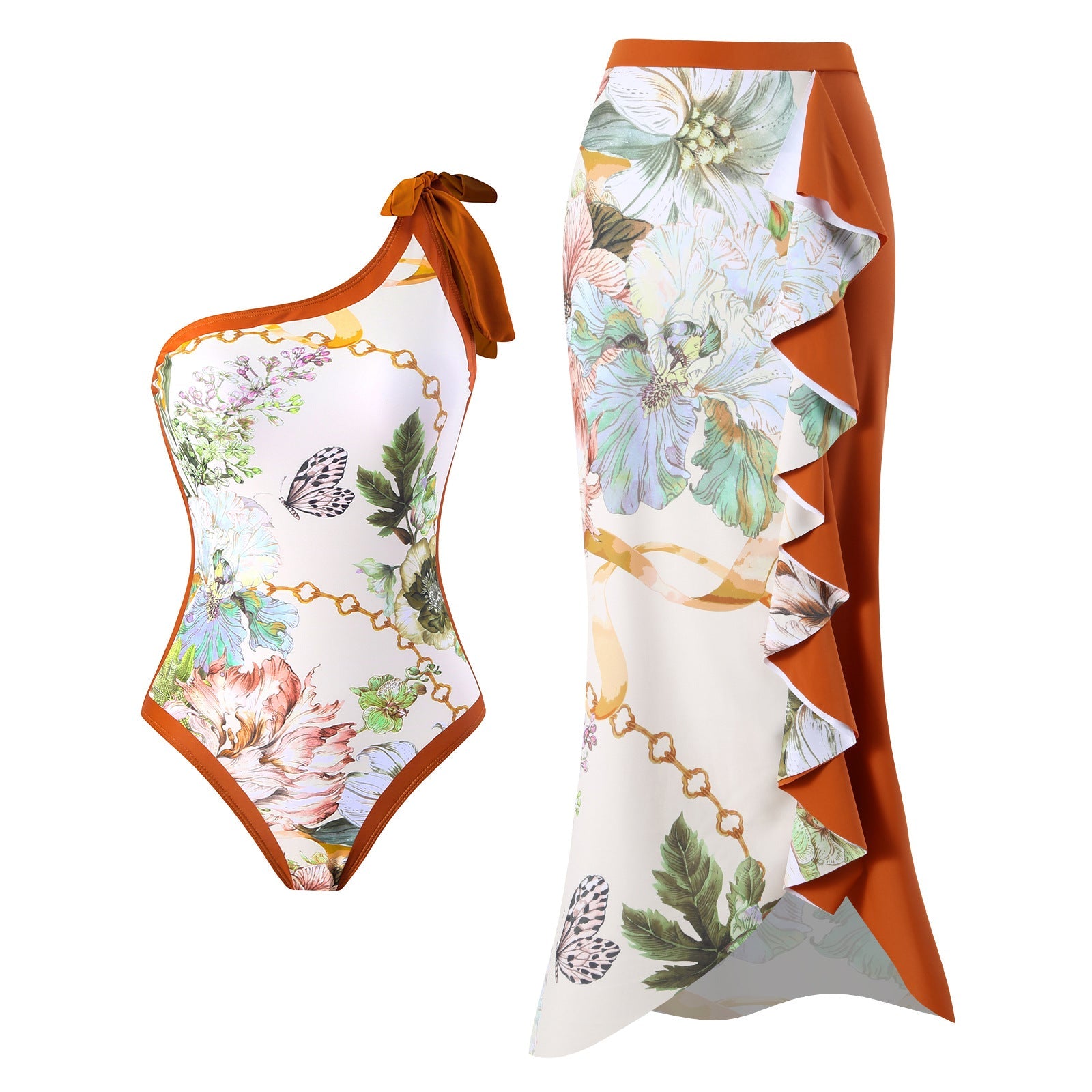 Damen Einteiler Badeanzug mit asymmetrischem Schnitt und elegantem Wickelrock R&B