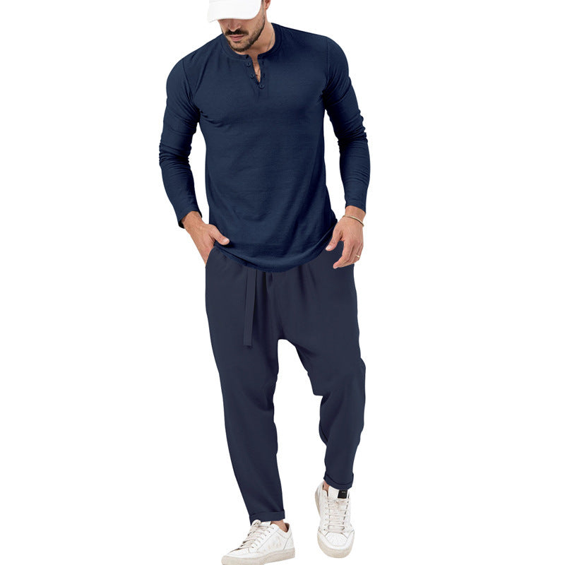 Herren lässiges Langarm-Henley-Shirt kombiniert mit eleganter Jogginghose R&B