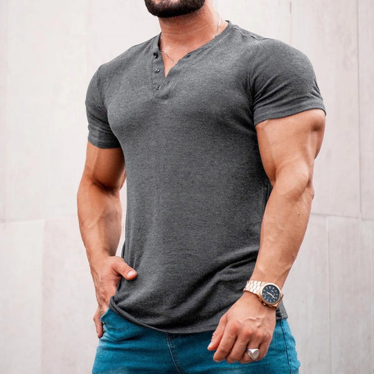 Herren nan muskelbetontes Kurzarmshirt mit Knopfleiste und V-Ausschnitt aus Baumwollstretch R&B