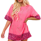 Damen Relaxed Fit T-Shirt mit Glitzerärmeln und Herzmotiv R&B