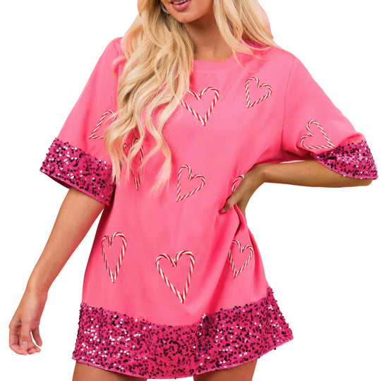 Damen Oversized T-Shirt mit Glitzer-Ärmeln und Herz-Muster R&B