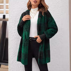 Damen nan karierter Teddy-Mantel mit großem Reverskragen und Rippbündchen R&B