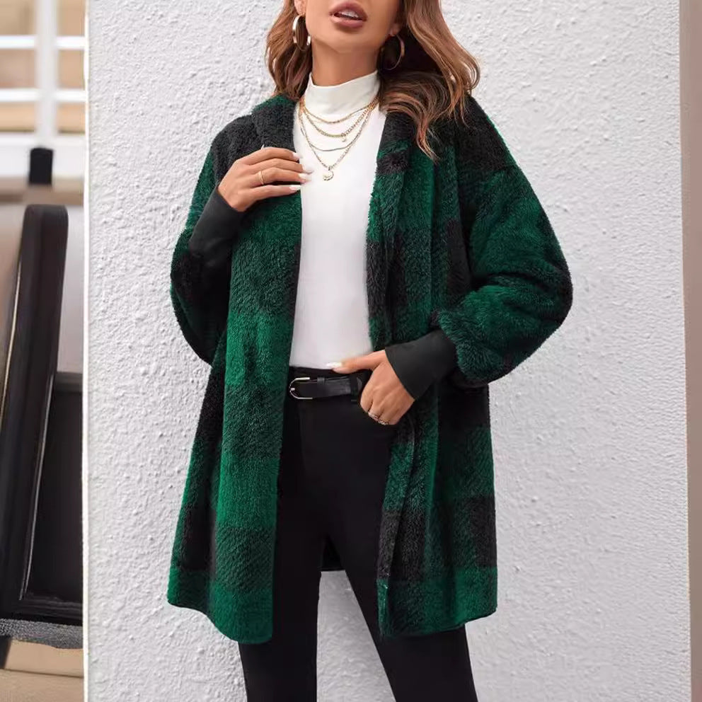 Damen nan karierter Teddy-Mantel mit großem Reverskragen und Rippbündchen R&B