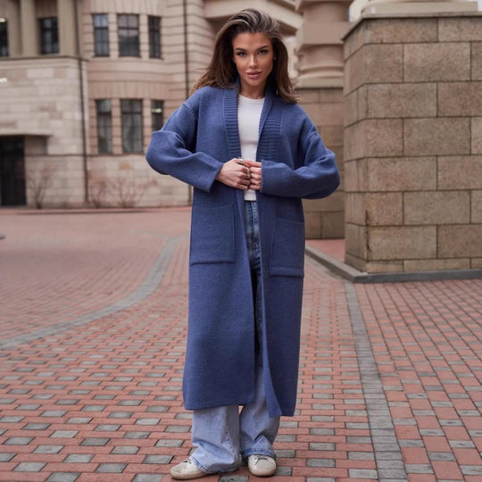 Damen Strickmantel mit tiefem V-Ausschnitt und großen Taschen R&B