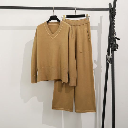 Damen lässiges Strick-Loungewear-Set mit tiefem V-Ausschnitt und praktischen Taschen R&B