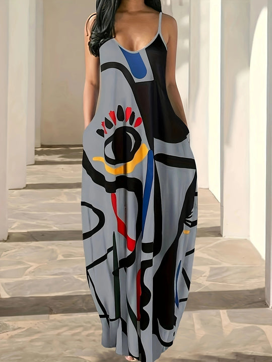 Damen Maxikleid mit modernem grafischen Print und schwingendem Saum R&B