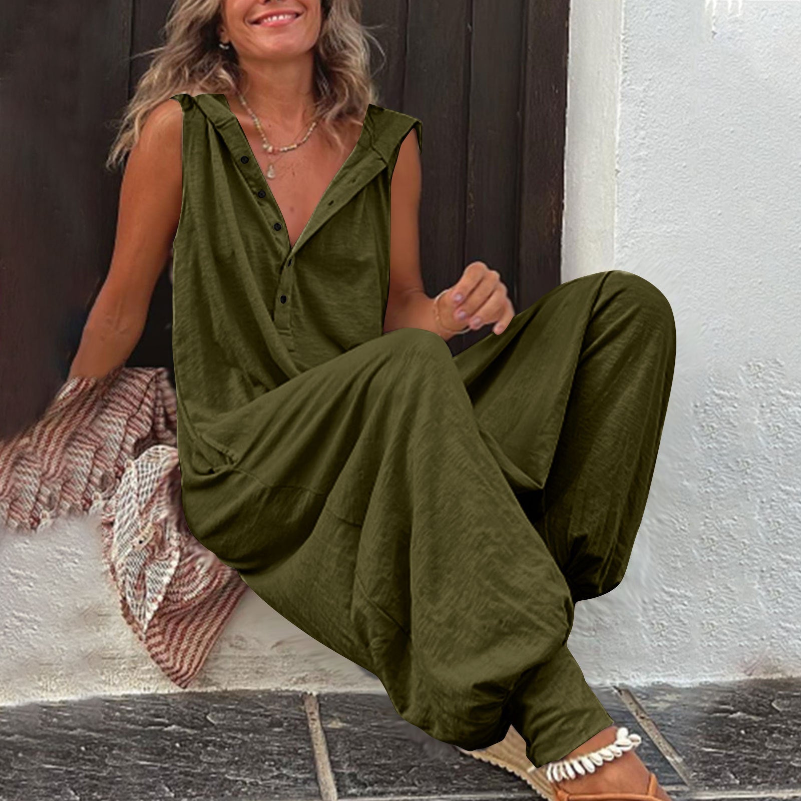 Damen Lässiger Jumpsuit mit Kapuze und Knopfdetails R&B